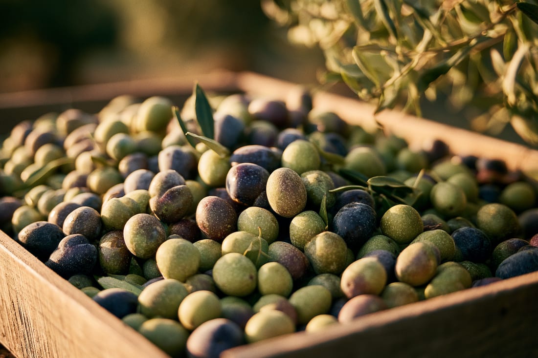 Aceitunas verdes recién recogidas, con las hojas todavía entre el fruto