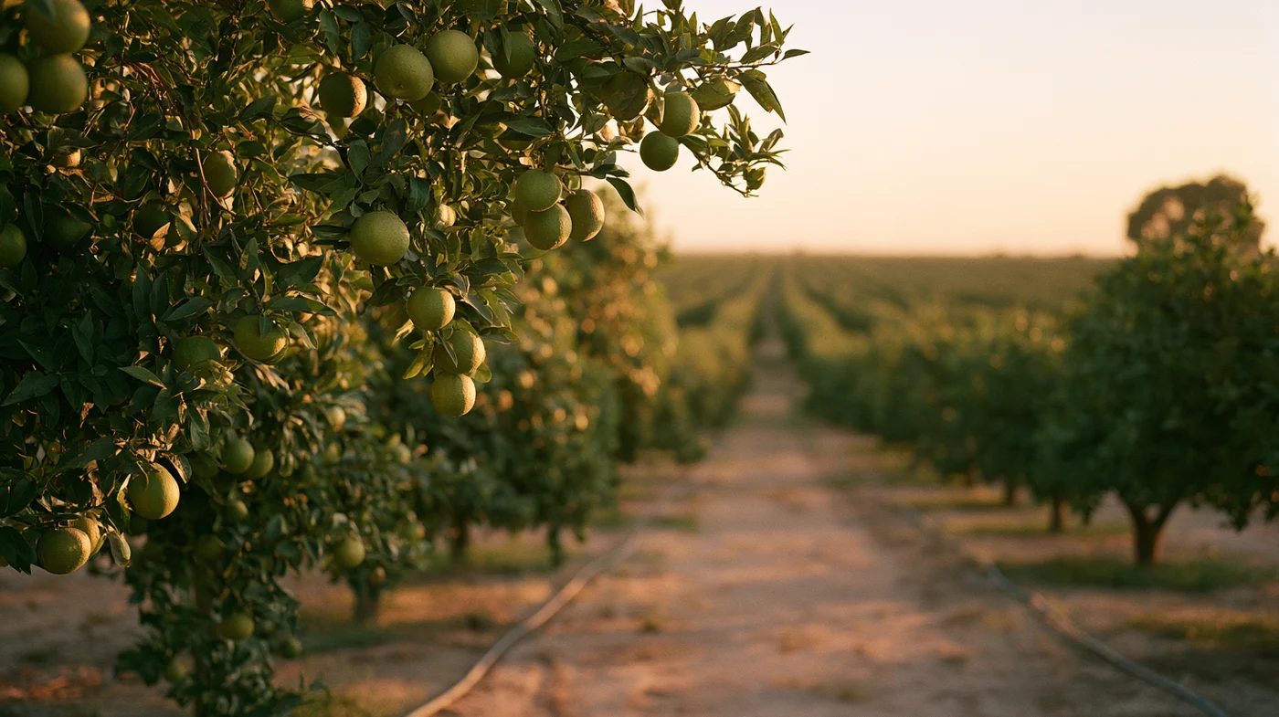 Naranjas todavía verdes en la rama al atardecer, con las calles del naranjal difuminadas al fondo