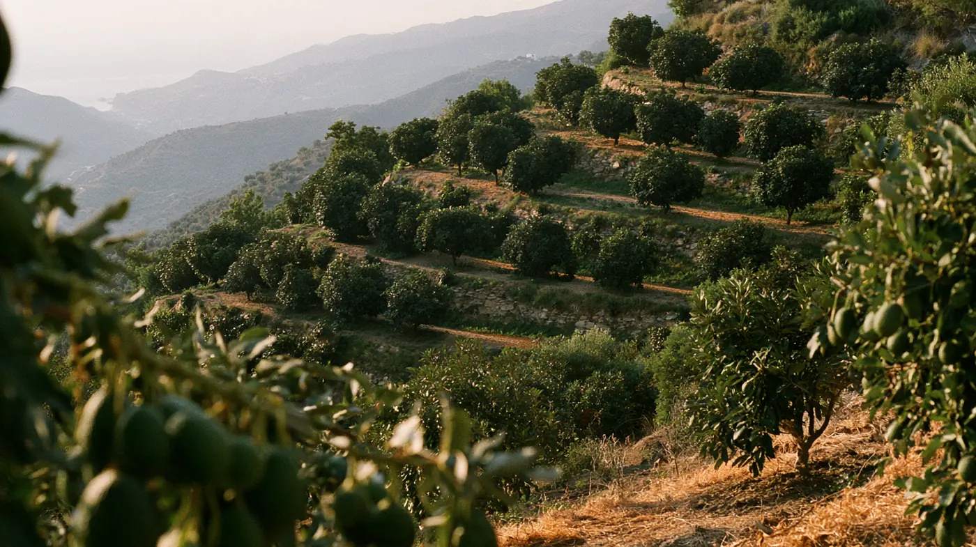 Aguacates en un bancal de la Axarquía al atardecer, con los árboles escalonados por la ladera y el mar al fondo