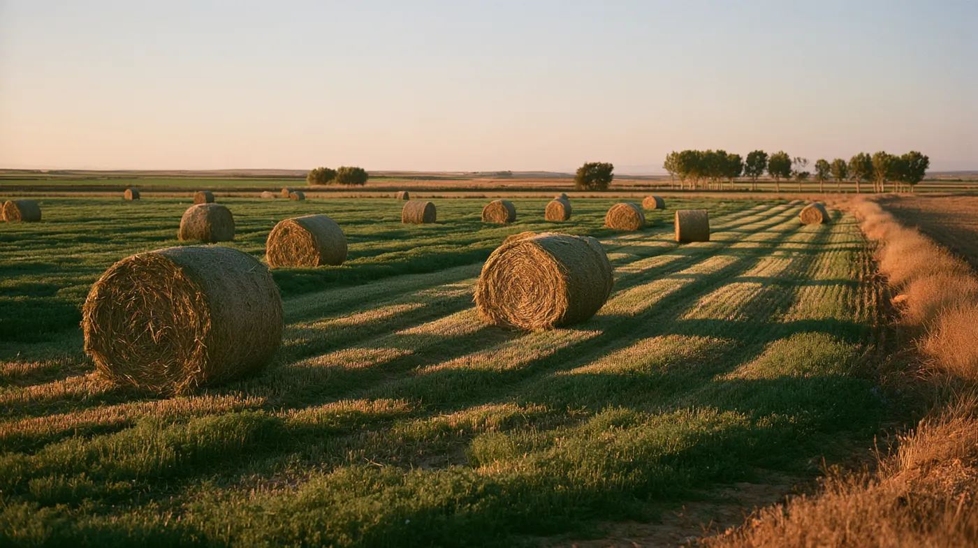 Campo de alfalfa recién segado en el valle del Ebro, con balas redondas y las sombras largas del atardecer sobre los surcos