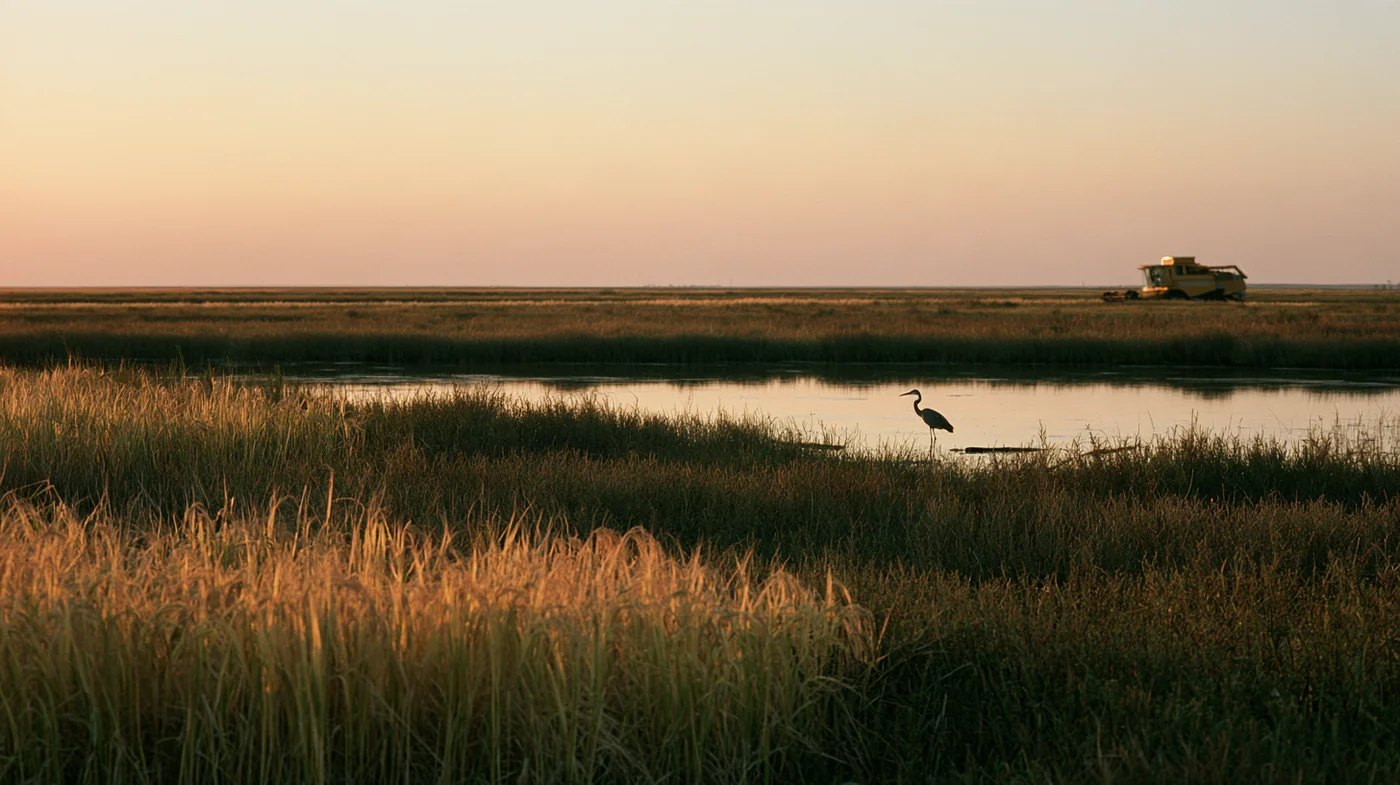 Arrozal en las marismas del Guadalquivir al atardecer, con una garza en el agua quieta y una cosechadora pequeña al fondo