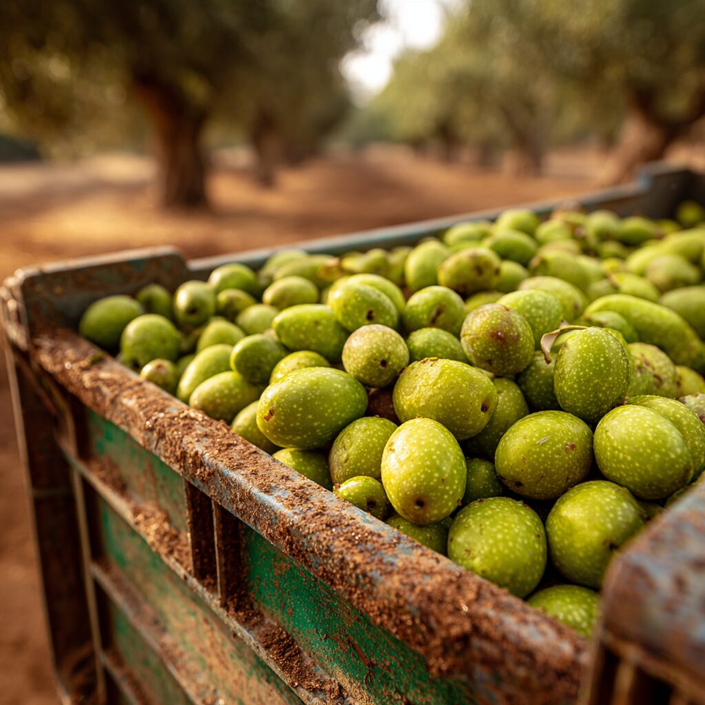Cajón de aceituna verde de mesa recién recogida, con frutos de distintos tamaños, en un olivar