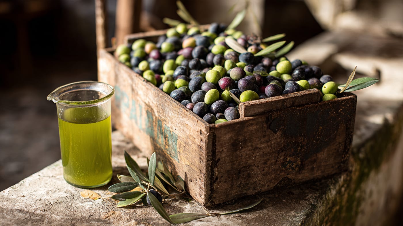 Una caja de madera llena de aceituna recién recogida, verde y morada, junto a una jarra de aceite nuevo sin filtrar