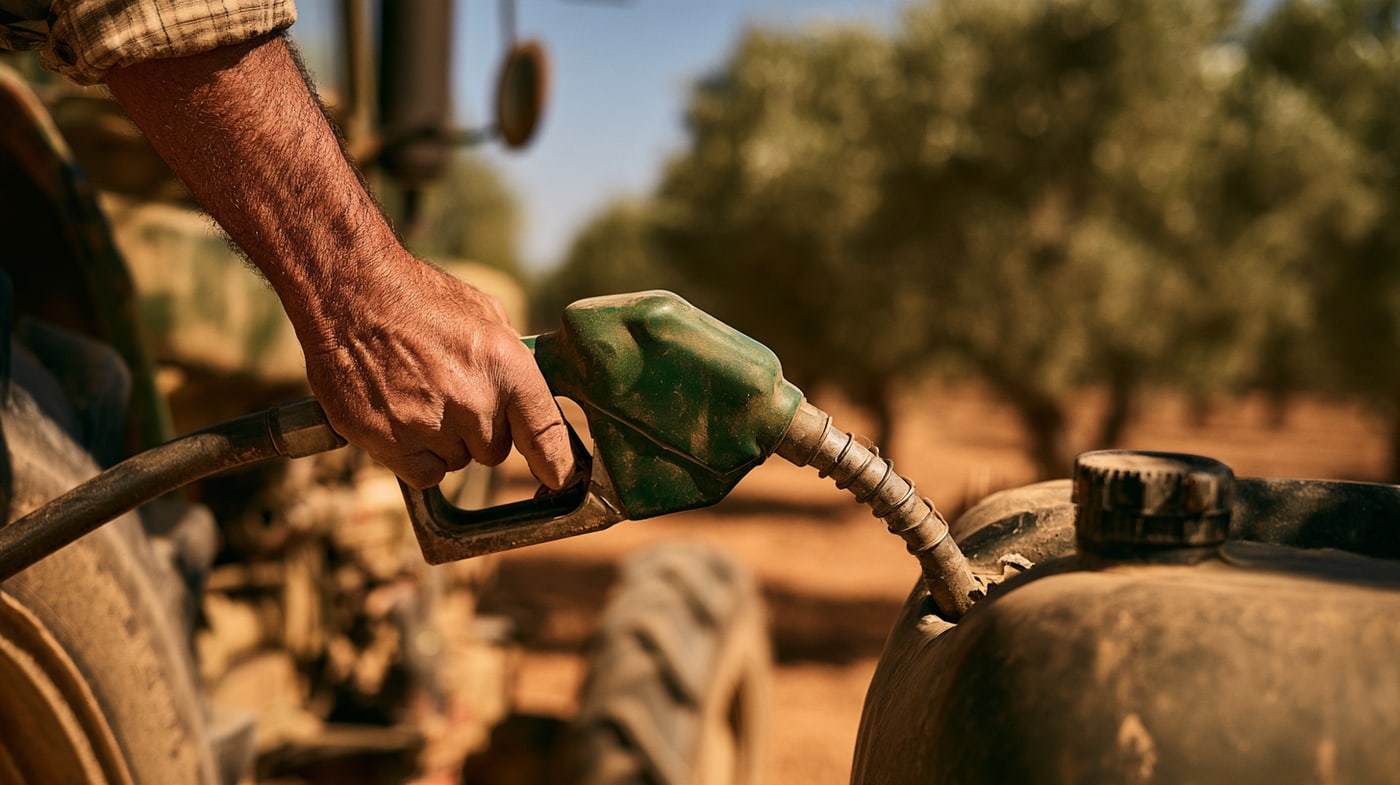 La mano de un agricultor con la pistola del gasóleo metida en el depósito del tractor, con el olivar polvoriento al fondo