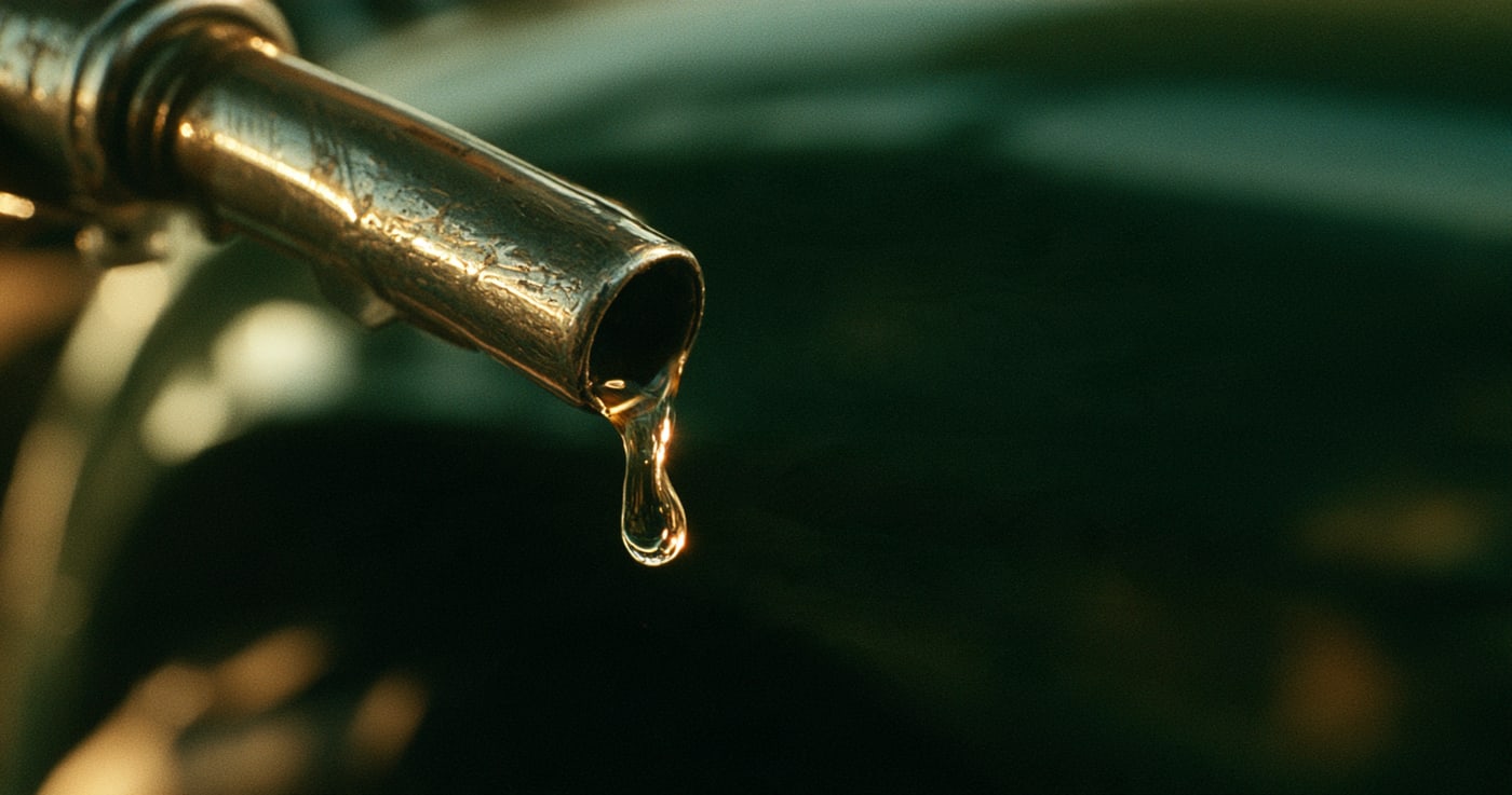 Una gota de gasóleo a punto de caer de la boquilla del surtidor, sobre el verde oscuro de un tractor