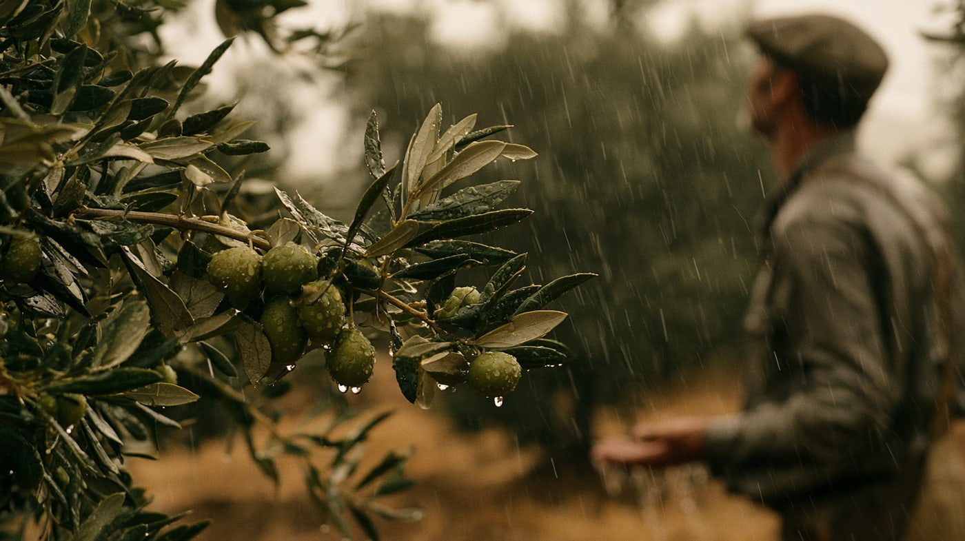 Rama de aceitunas verdes de mesa bajo la lluvia, con gotas colgando de los frutos y las hojas, y al fondo desenfocado un agricultor con gorra mirando caer el agua