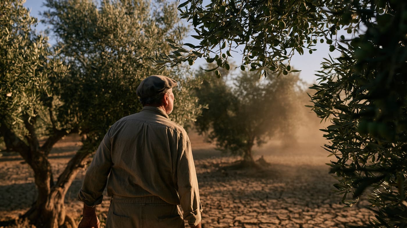 Olivarero de espaldas mirando su olivar reseco, con el polvo del solano y la tierra agrietada