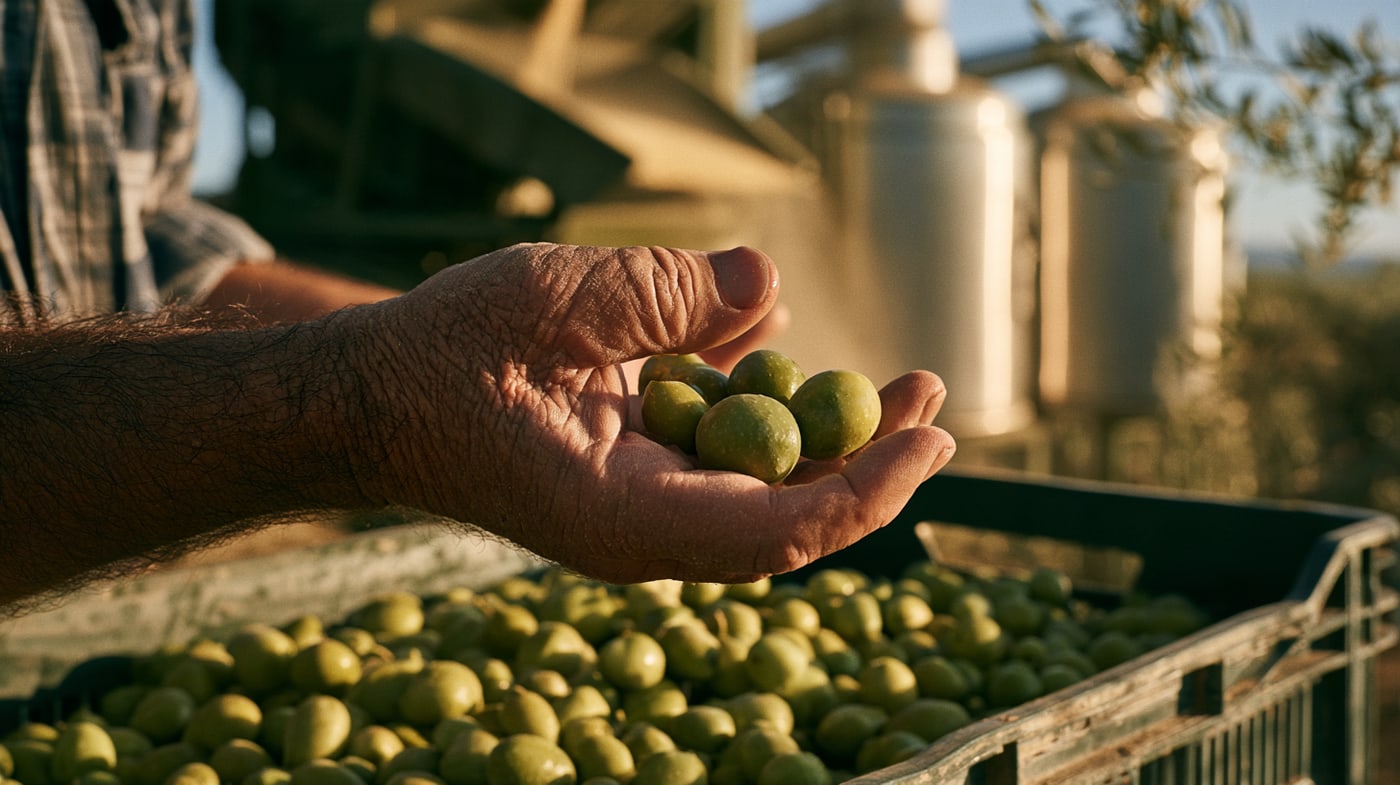 Mano de agricultor con unas aceitunas verdes encima de un cajón recién cogido, con los depósitos de una almazara desenfocados al fondo