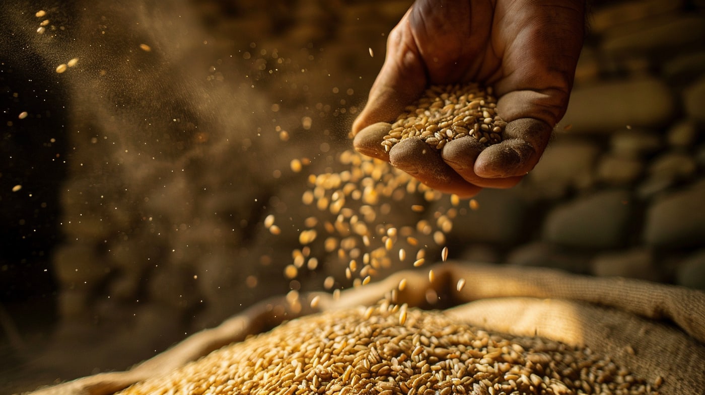 Una mano soltando grano de cebada sobre un saco de arpillera