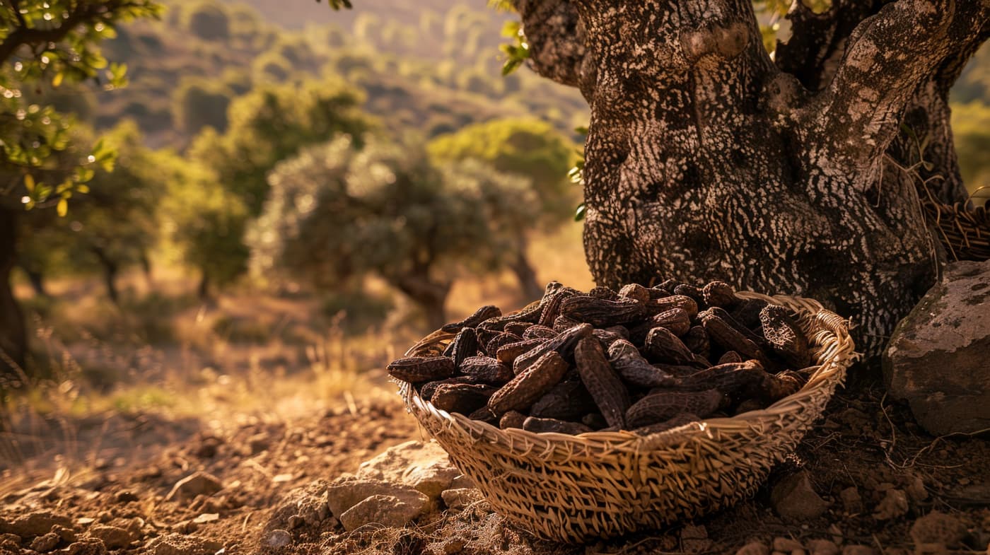 Algarrobas en un capacho al pie del algarrobo