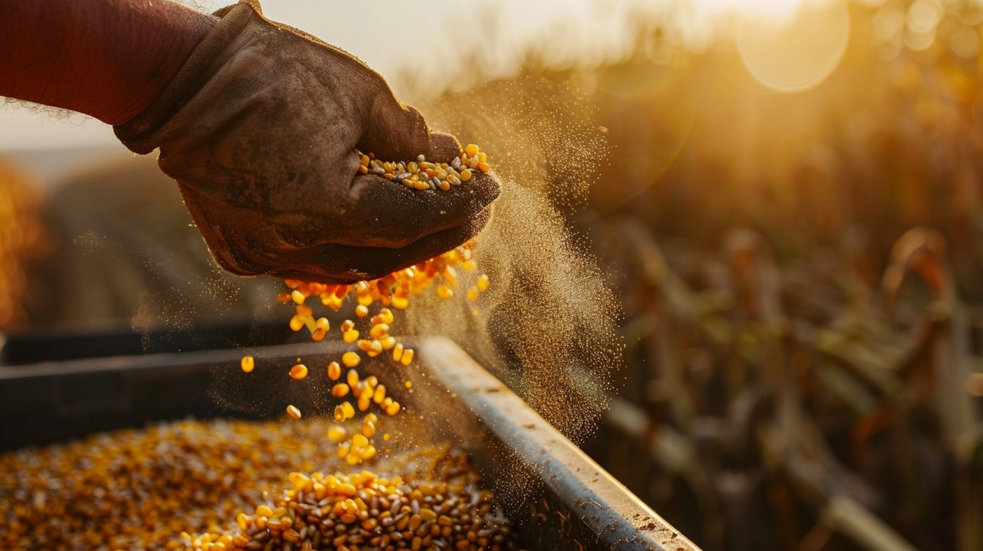 Una mano con guante soltando grano de maíz en el remolque, con el maizal detrás