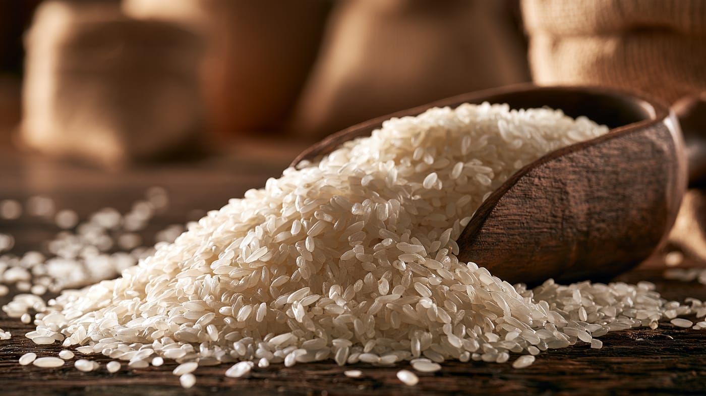 Arroz blanco a montón, con una cuchara de madera. Arroz blanco japónica en España.