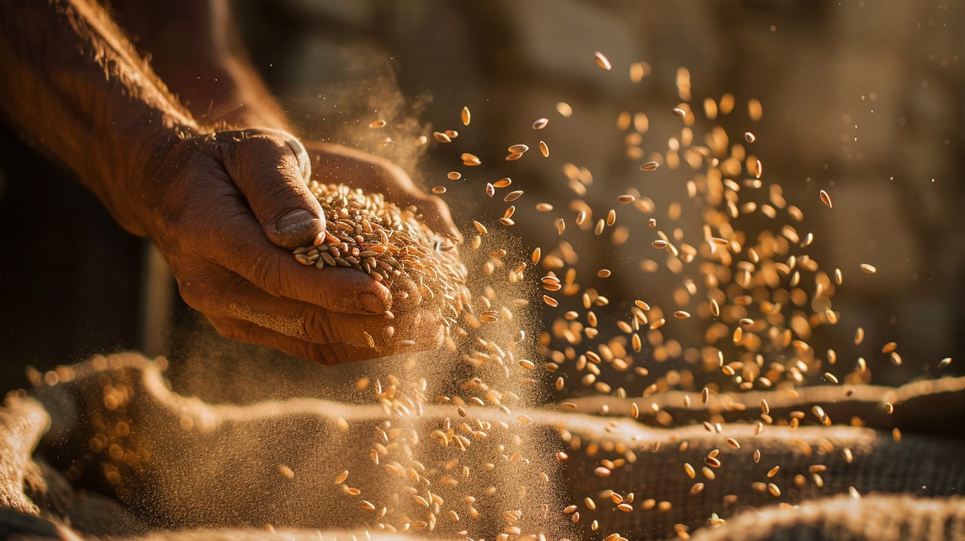 Grano de cebada cayendo de una mano, a la luz de la tarde. Cebada malta en España.