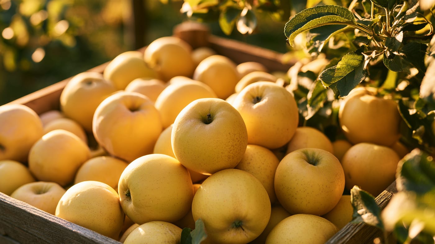 Manzanas golden amarillas en una caja de madera. Manzana golden en España.
