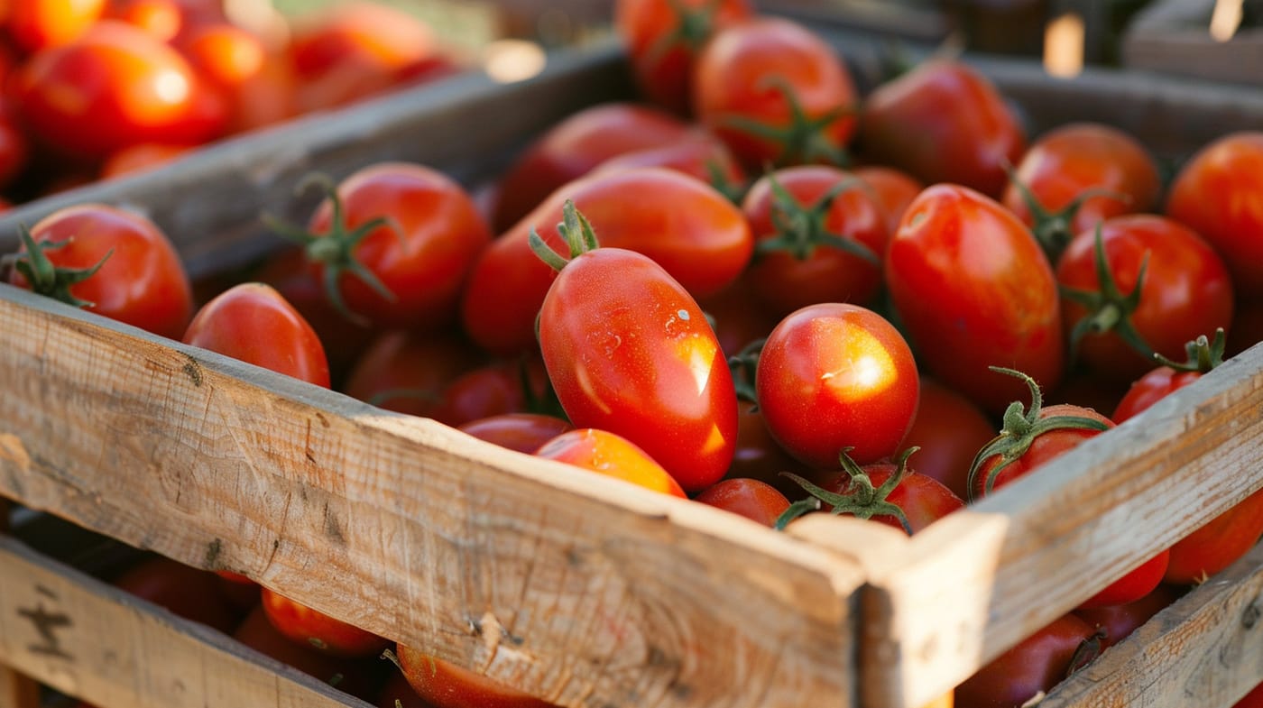 Tomates pera rojos en una caja de madera. Tomate pera en Valencia.